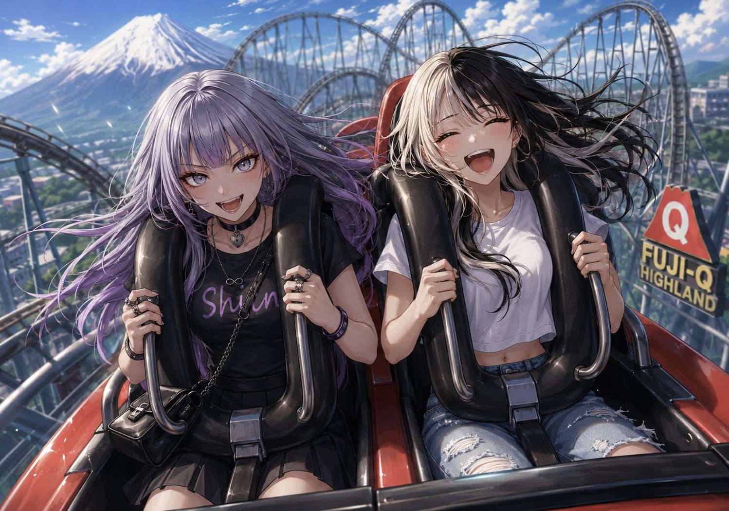 ジェットコースターを楽しむ２人(しおん、くるみ)
