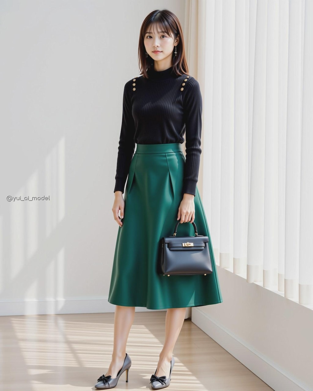 黒と緑のシンプルコーデ beauty-381