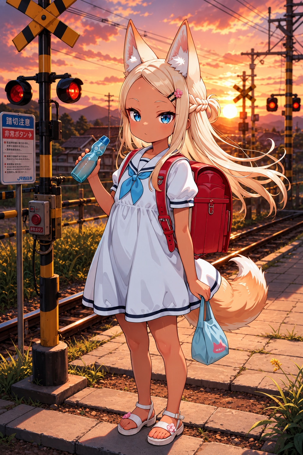 【実験】夕日の踏切とケモミミ