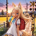【実験】夕日の踏切とケモミミ 11枚目