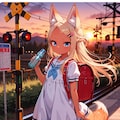 【実験】夕日の踏切とケモミミ 3枚目