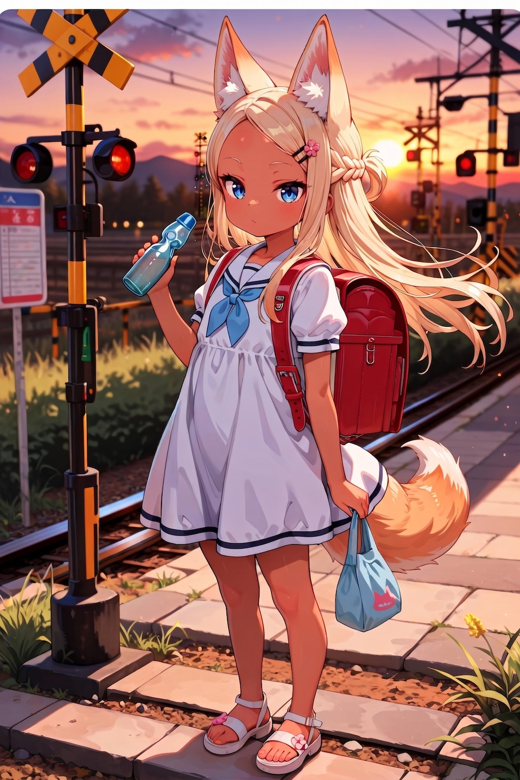 【実験】夕日の踏切とケモミミ