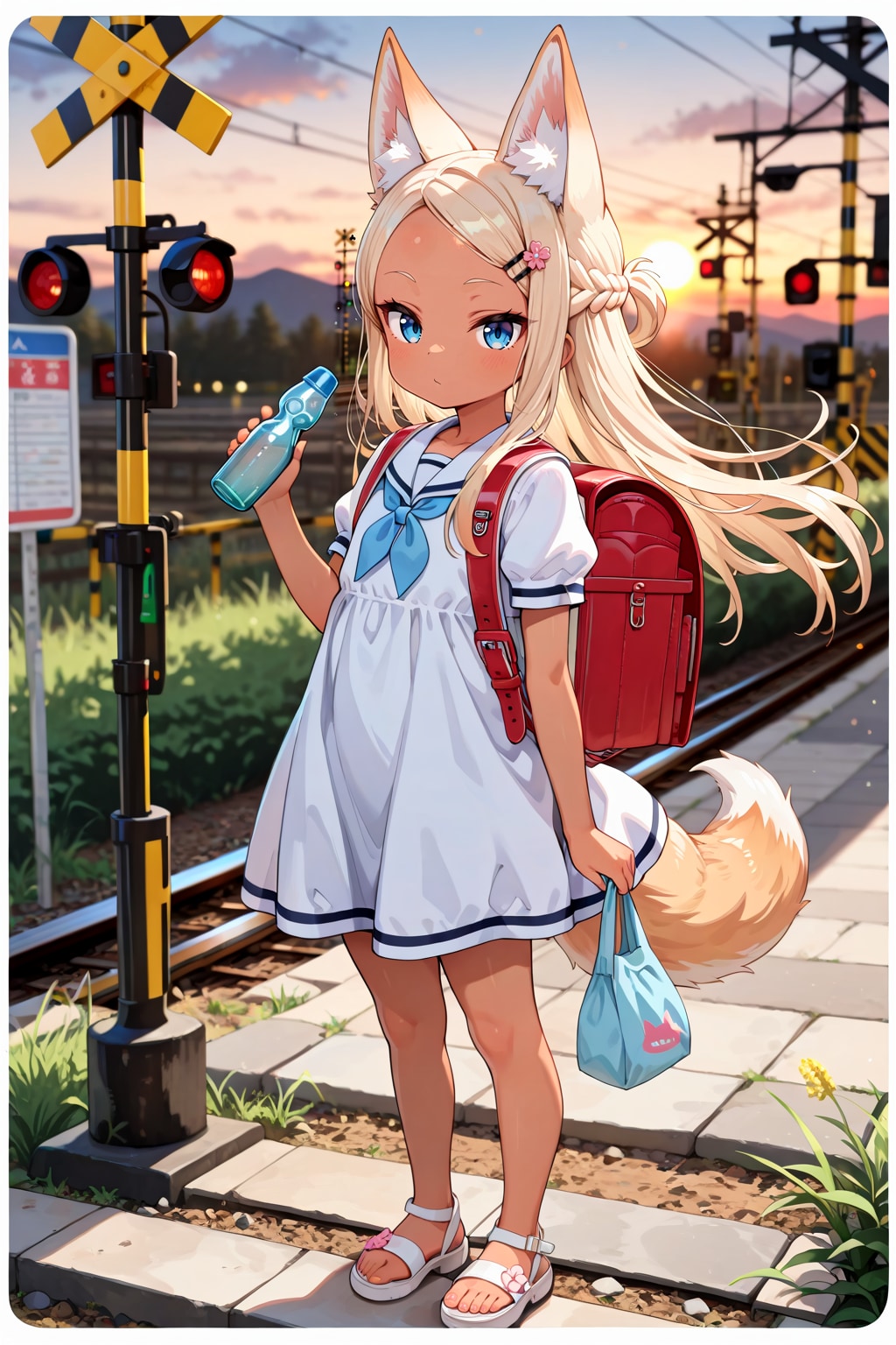【実験】夕日の踏切とケモミミ
