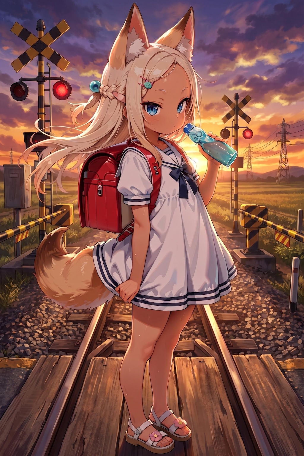 【実験】夕日の踏切とケモミミ