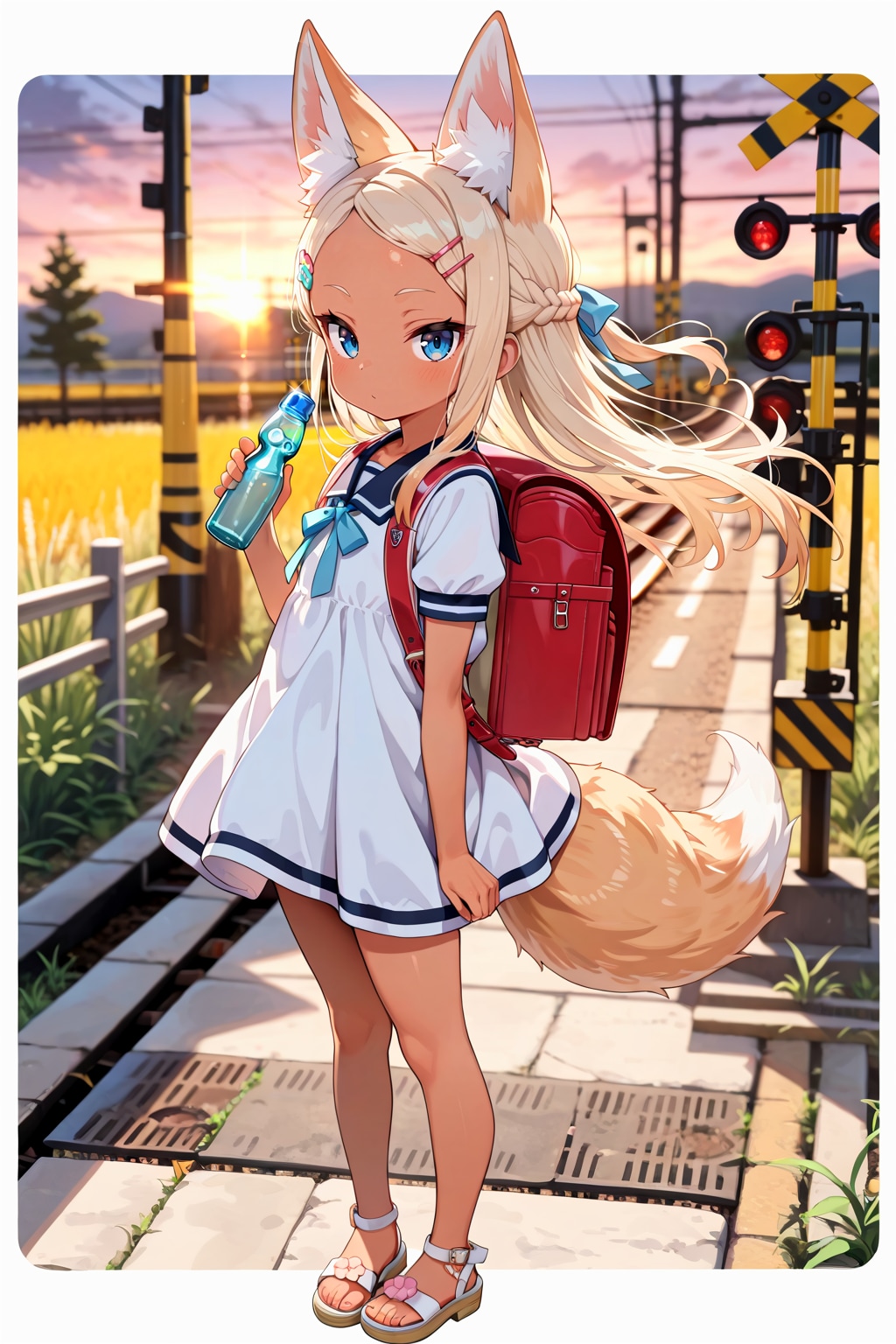 【実験】夕日の踏切とケモミミ