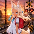 【実験】夕日の踏切とケモミミ 5枚目