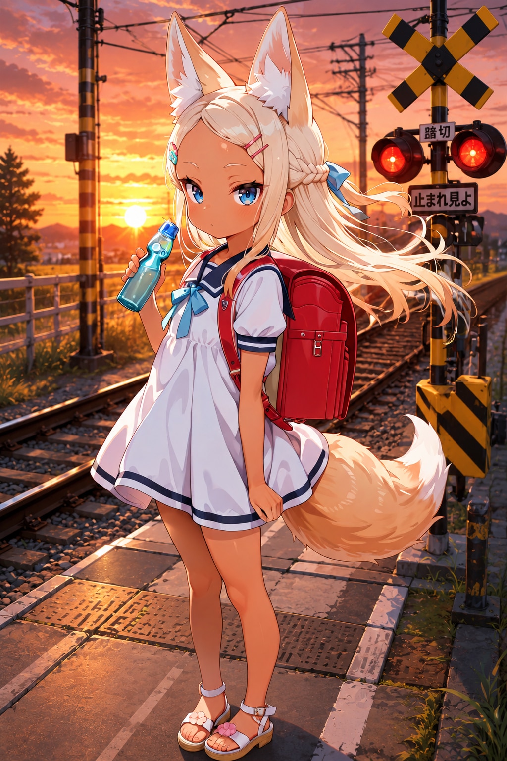 【実験】夕日の踏切とケモミミ