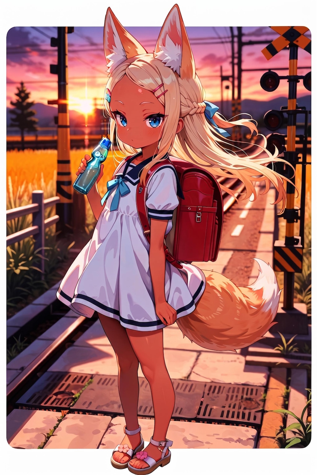 【実験】夕日の踏切とケモミミ