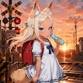 【実験】夕日の踏切とケモミミ 8枚目