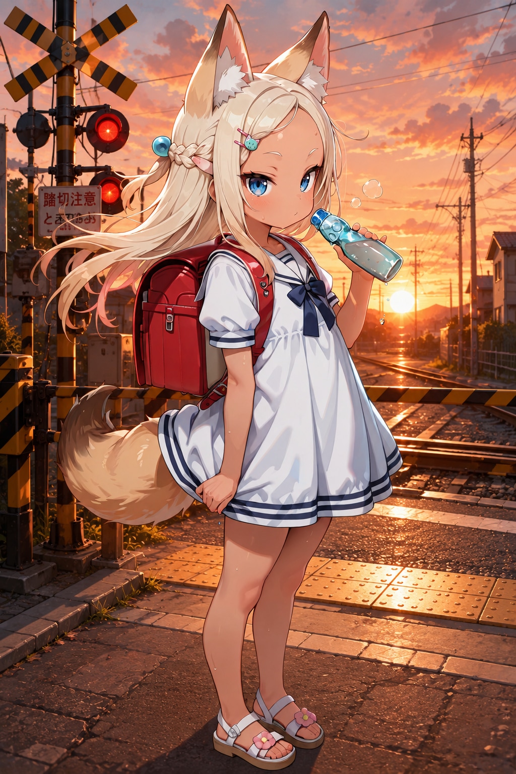 【実験】夕日の踏切とケモミミ
