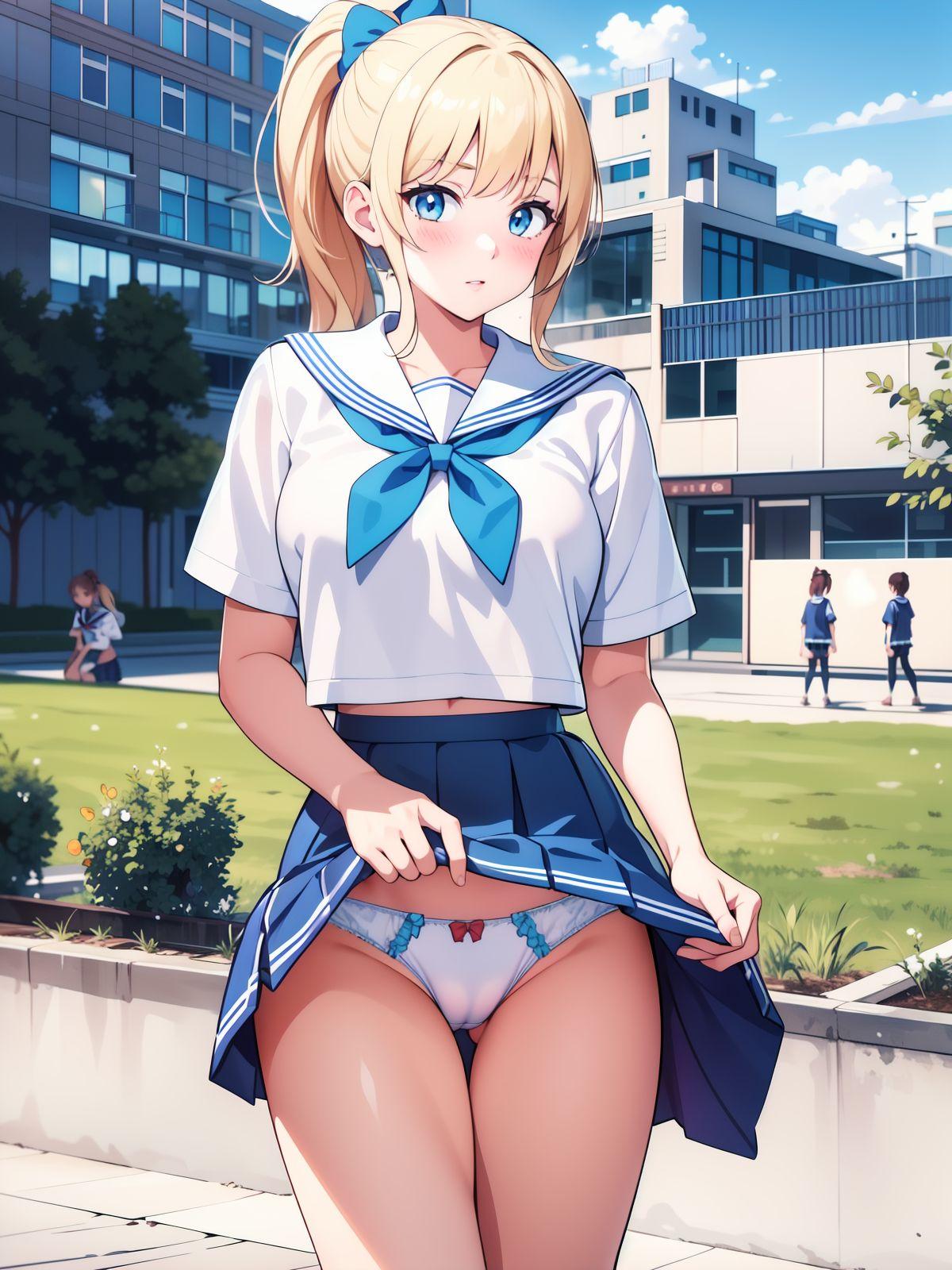 スカートをたくし上げるセーラー服女子