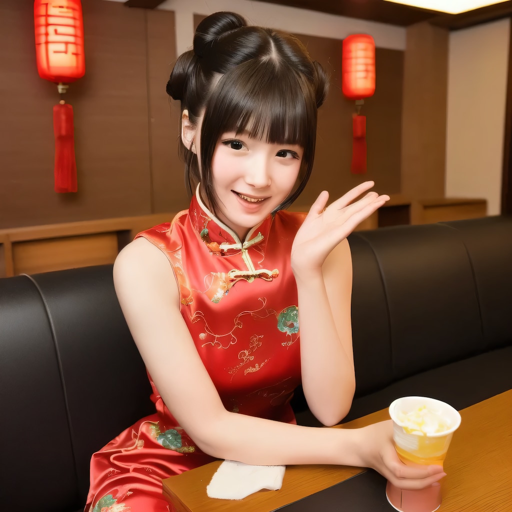 黒髪ツイン団子で中華服の美女４