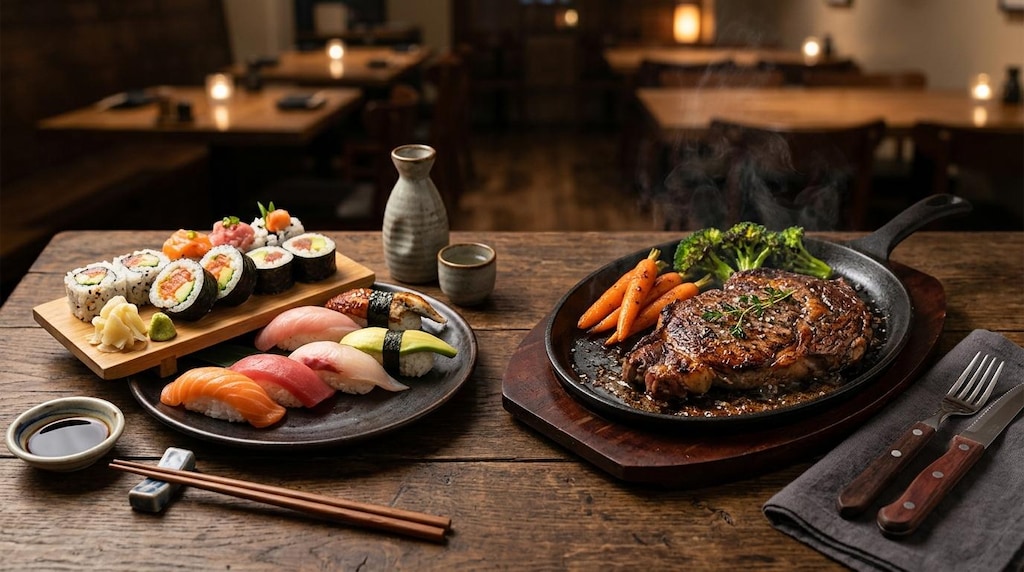 摩訶不思議食堂の寿司とステーキのセット