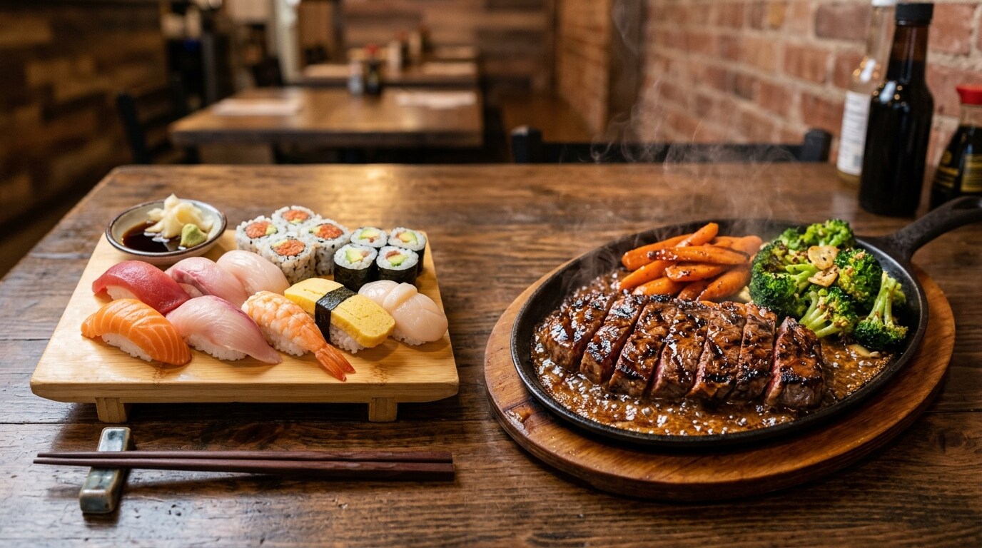 摩訶不思議食堂の寿司とステーキのセット