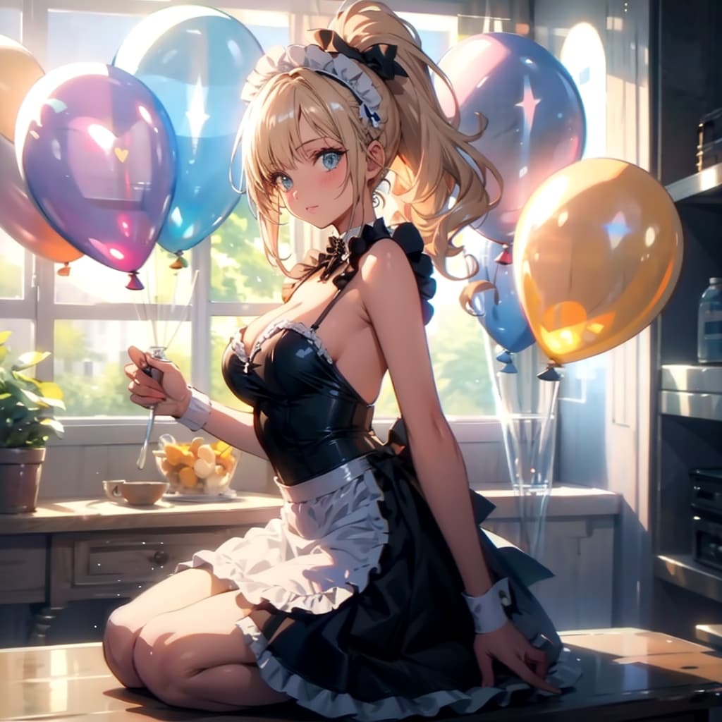 いっぱい色とりどりの風船を持つブロンドポニーテールのメイド服着た美女