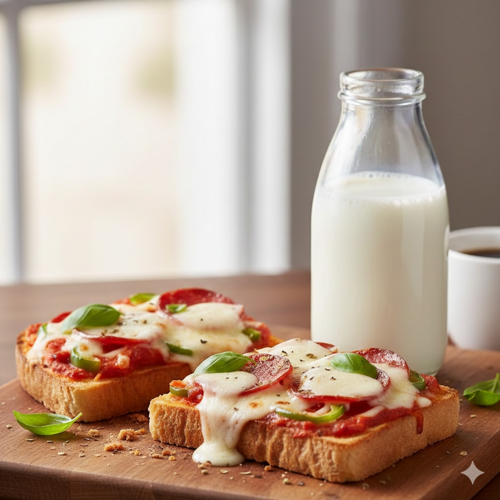 【朝食】ピザトースト、牛乳