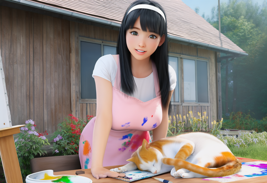 猫の絵を描く女性
