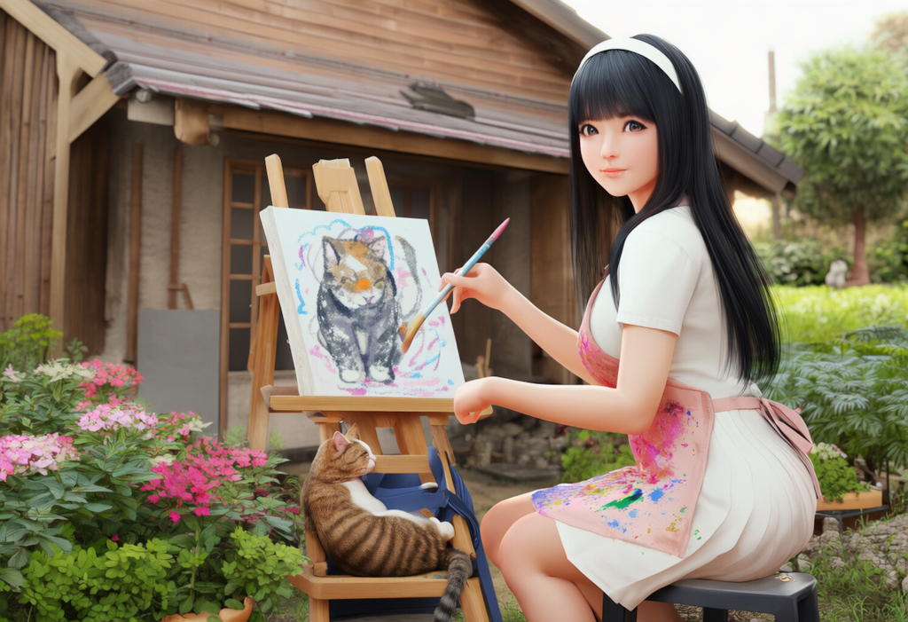 猫の絵を描く女性
