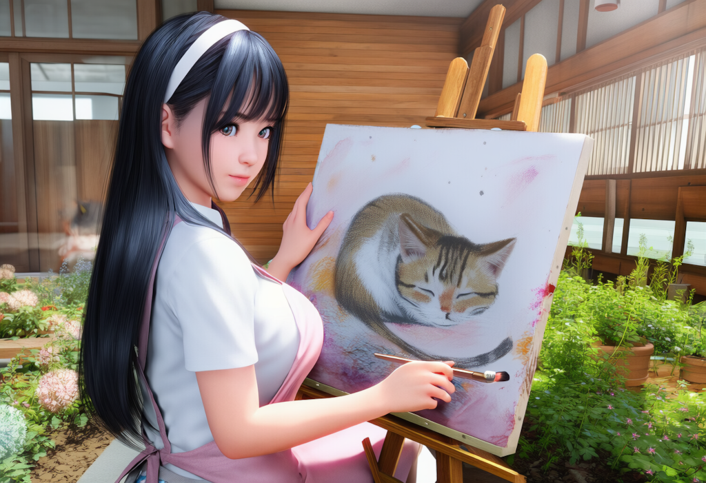 猫の絵を描く女性