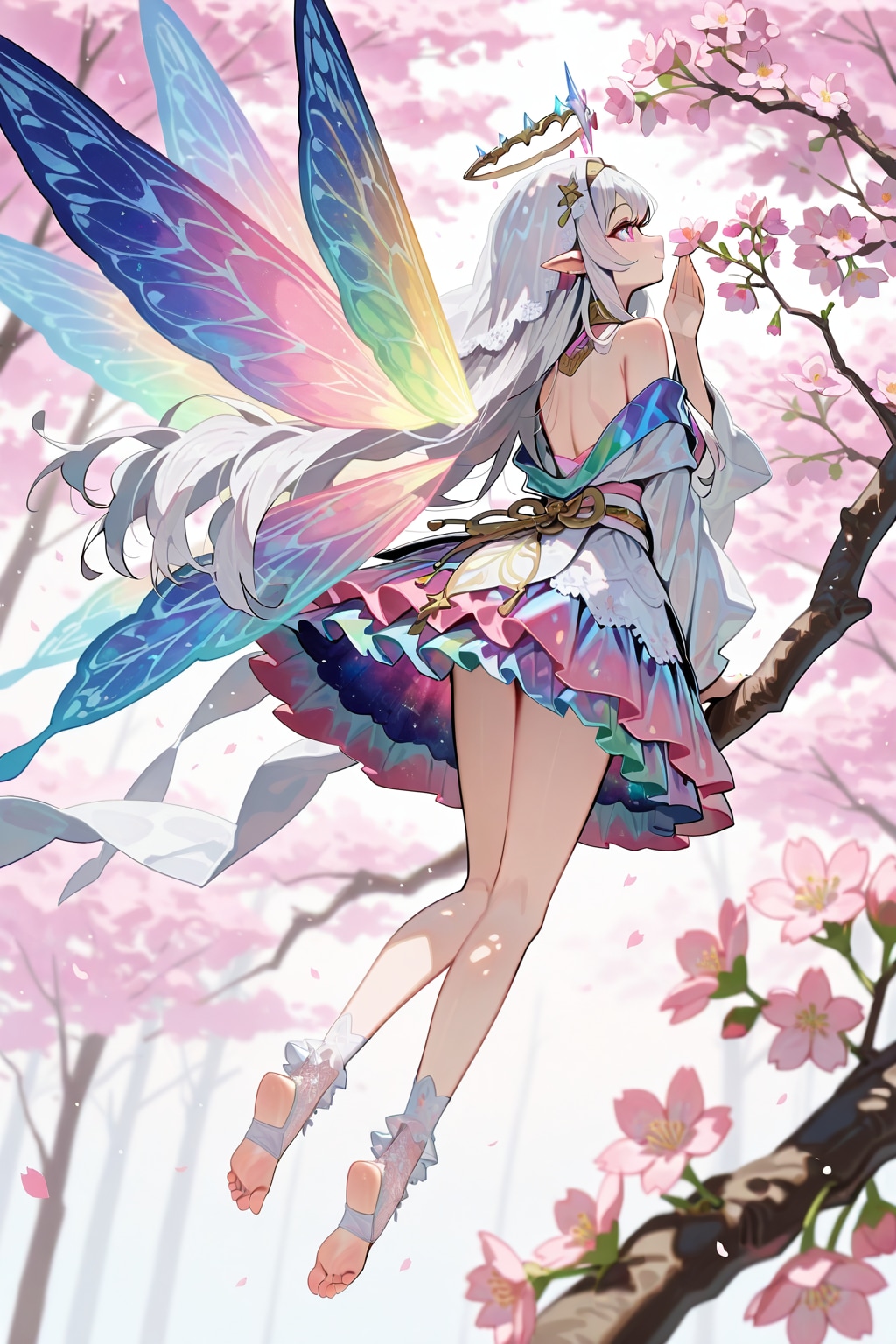 桜の枝に留まり、開花旺盛な桜の花を香りを嗅ぎ満喫する桜の花より生まれし蝶の精霊 | の人気AIイラスト・グラビア