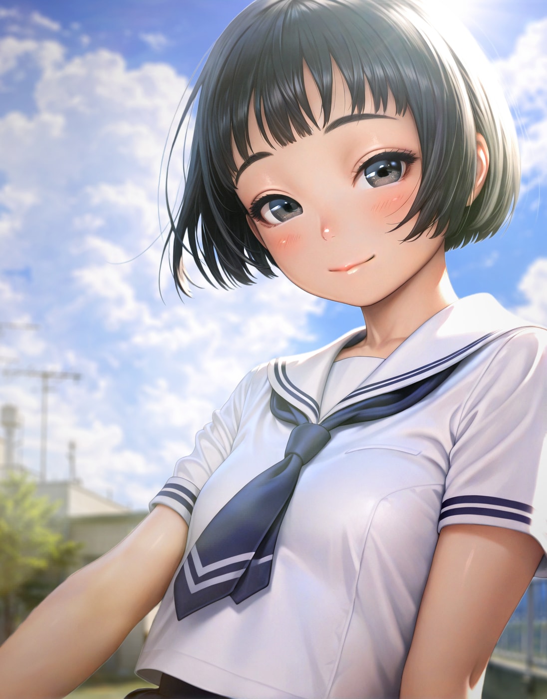 夏、学校の屋上にて嘘っぽく笑う少女。