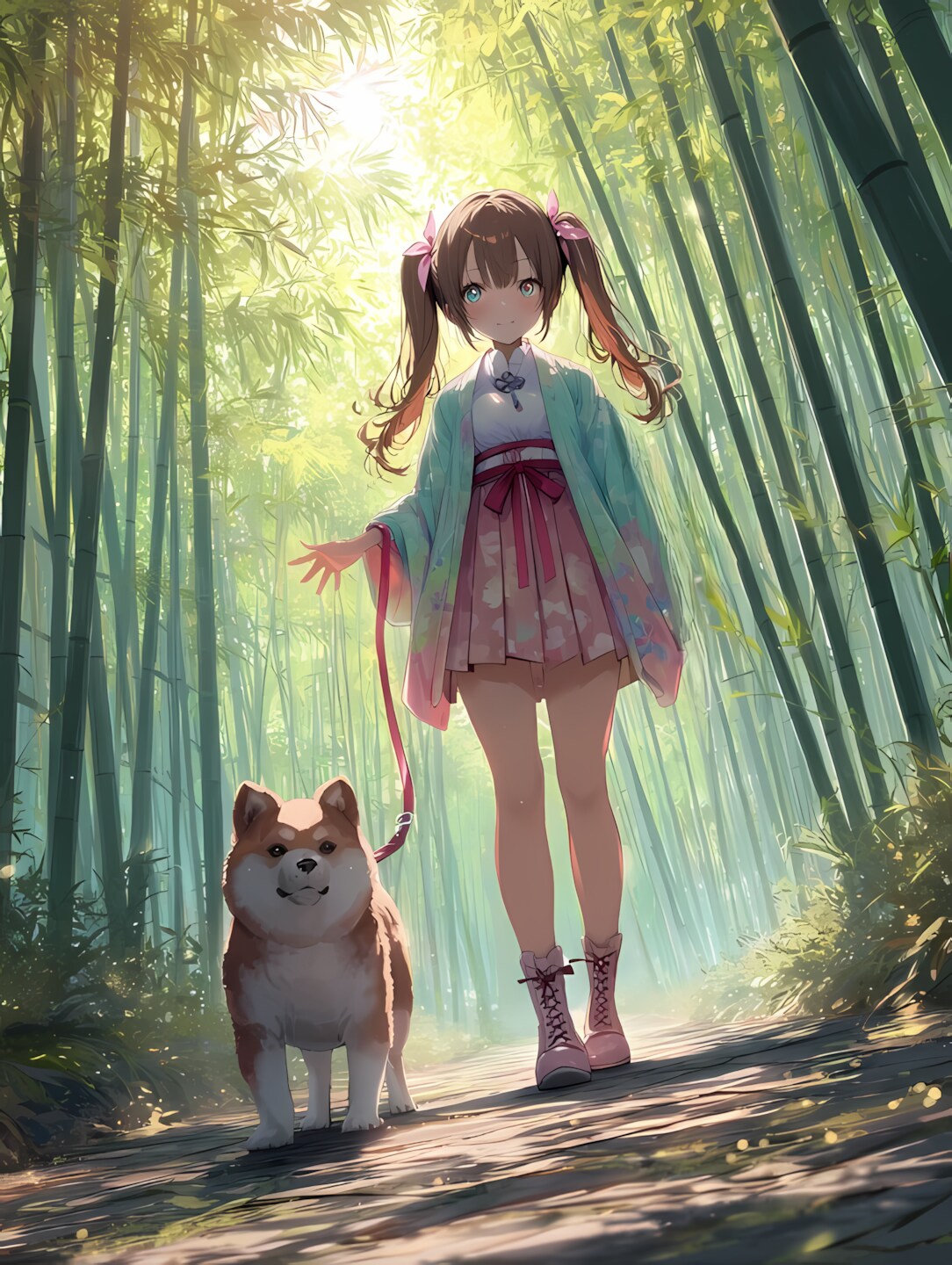 竹藪の中を愛犬と散歩