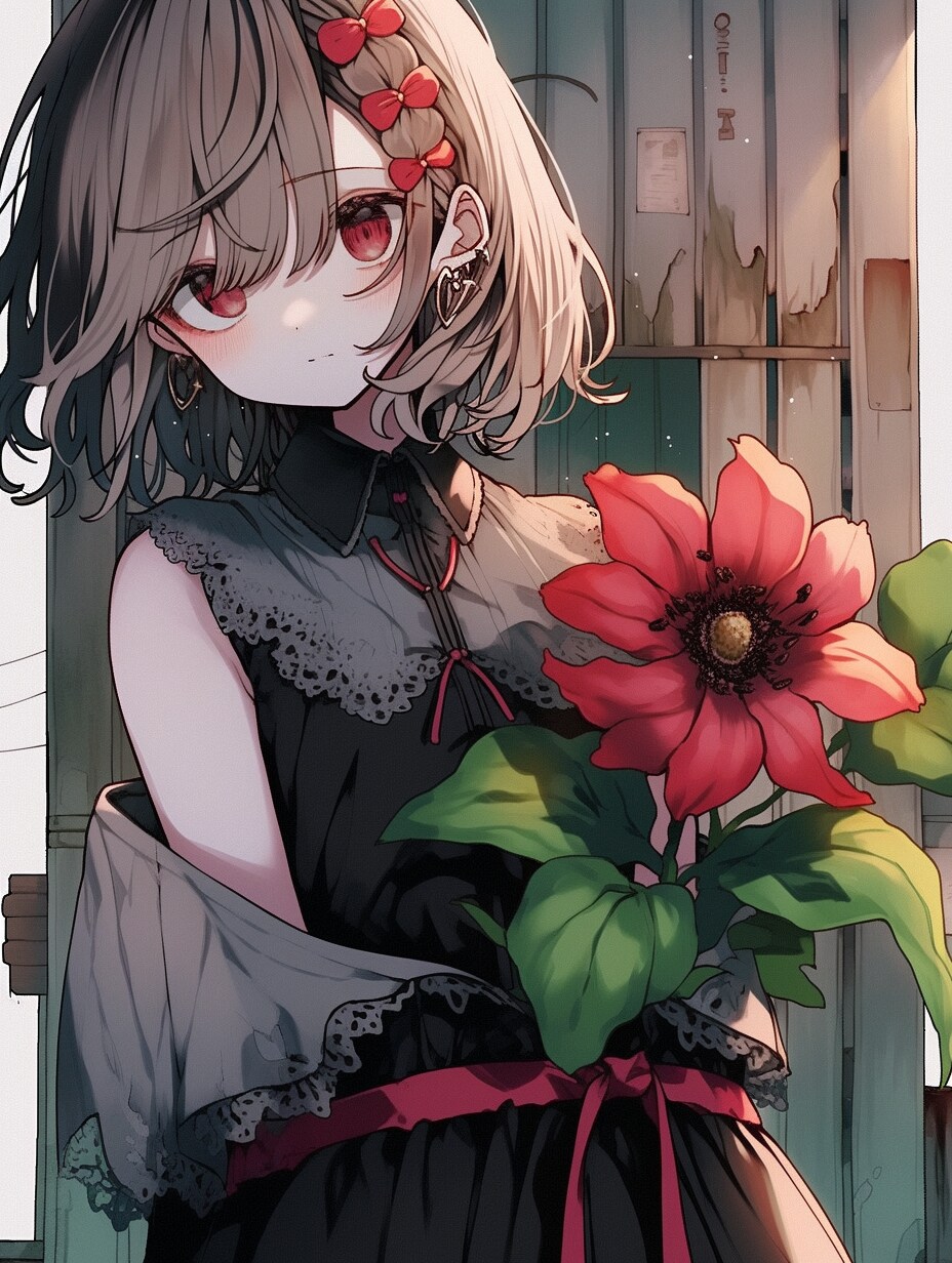 赤い花と気だるげな女の子