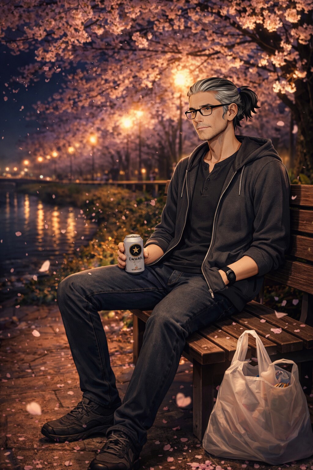 夜桜と黒ラベルを堪能するオジサン