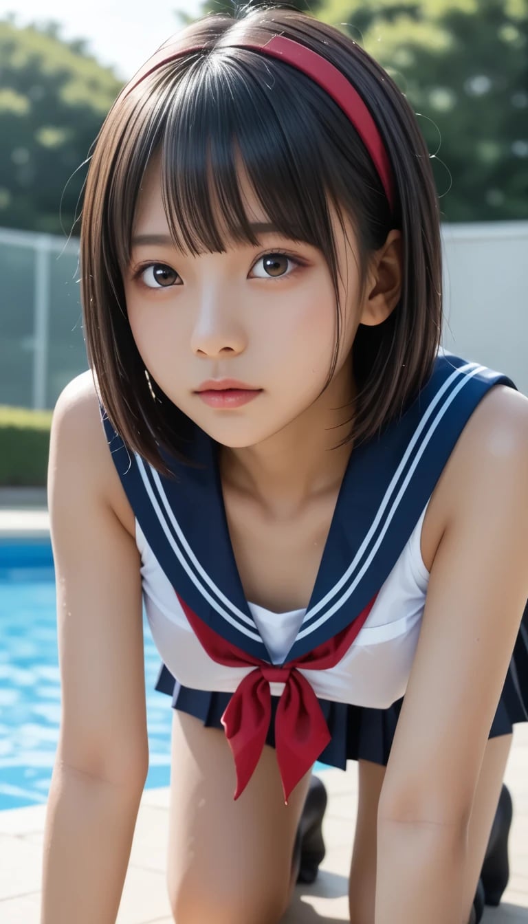 黒髪ショート美少女の『四つん這い上目遣い』がガチで凝視せざるを得ない美しさ❗❗👍濡れセーラー×潤んだ瞳と濡れた肌の質感が眩しすぎる❗ 👍✨😘