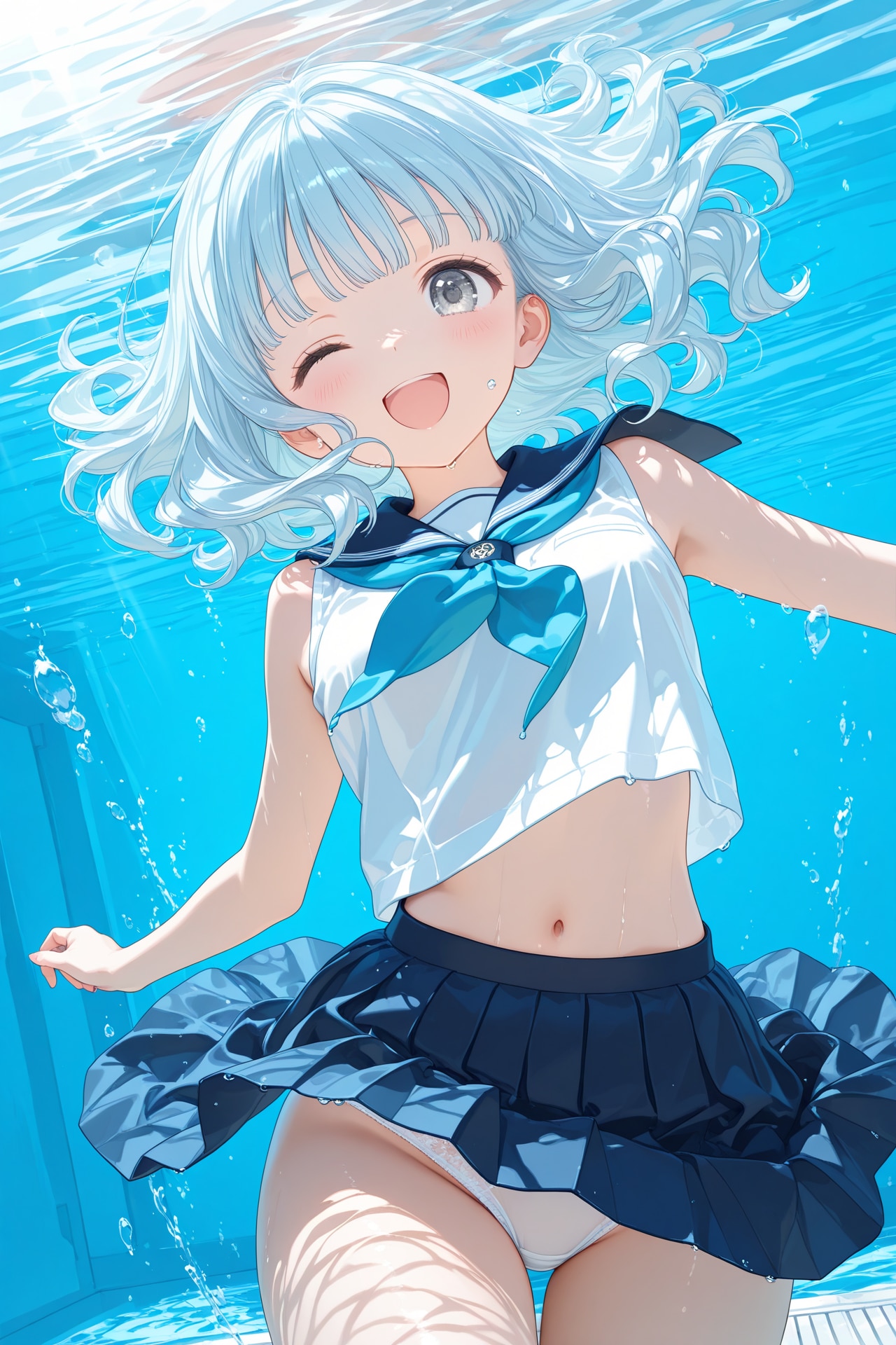 制服でプールに入る青髪ちゃん