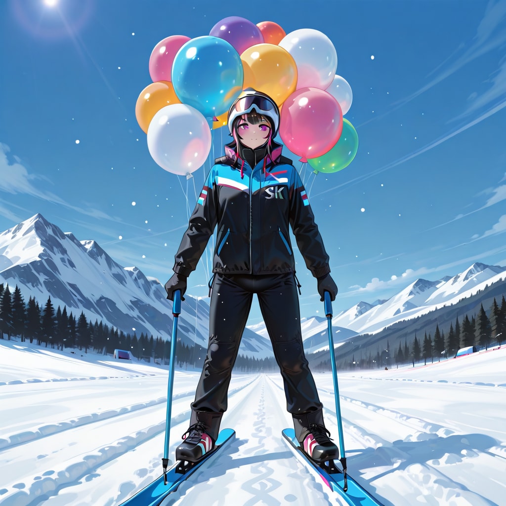 いっぱい色とりどりの風船を持つ黒髪ロングスキージャンプ選手の美女