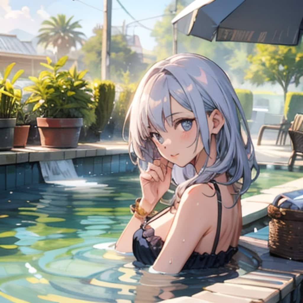 温泉に入る女性