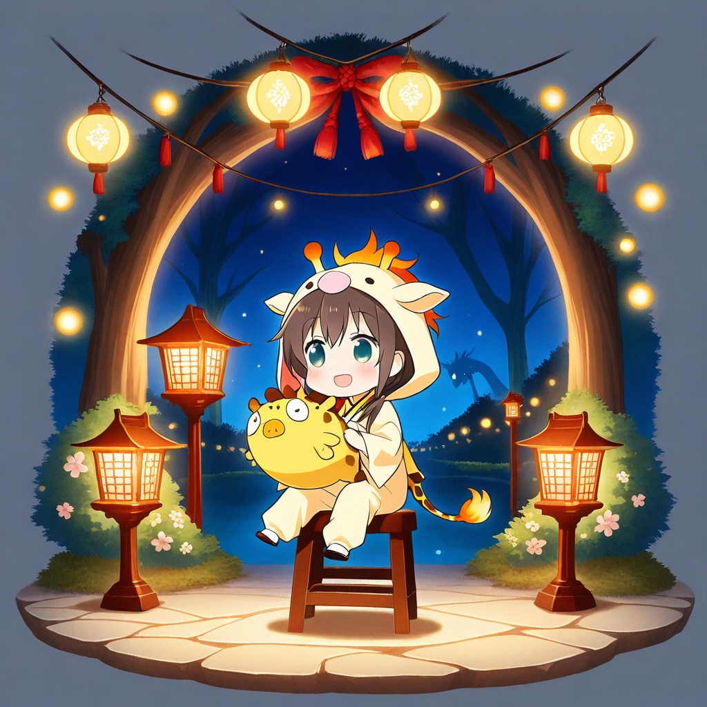 春のお祭りと和装キリン着ぐるみちび子ちゃん