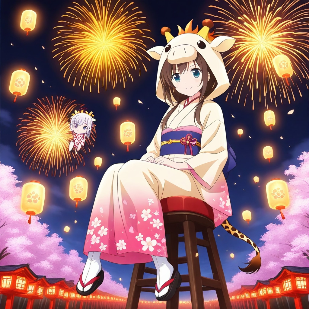 春のお祭りと和装キリン着ぐるみちび子ちゃん