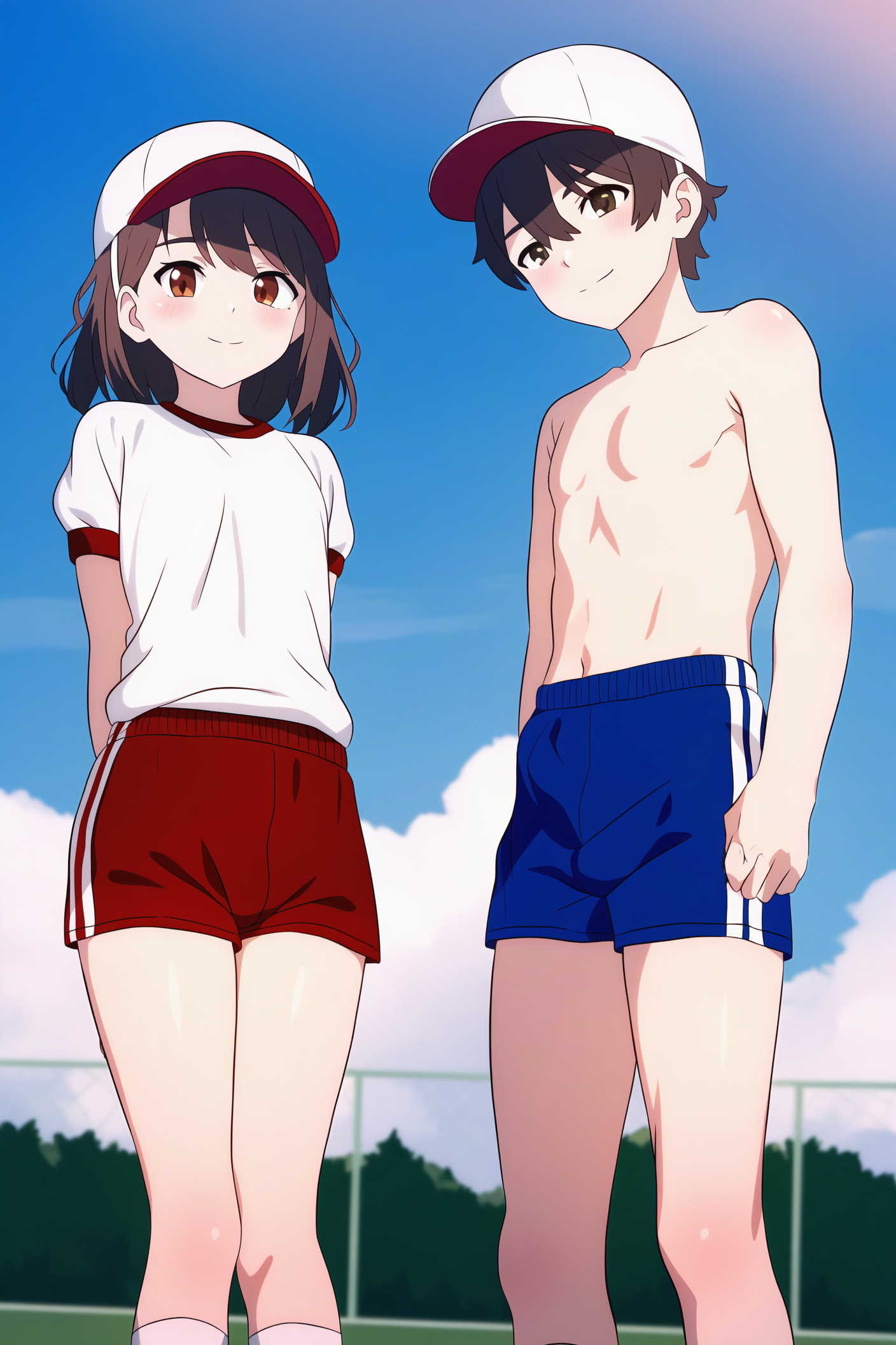 男子は上半身裸+短パン、女子は半袖+短パンで体育