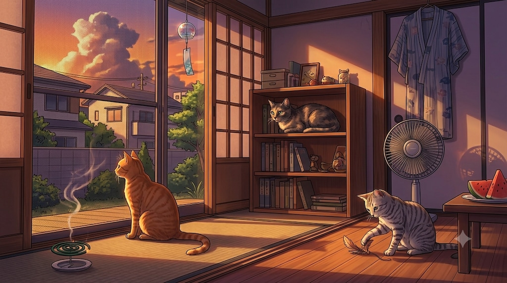 夕暮れのにゃんこたち（すー、ぱち、びび）