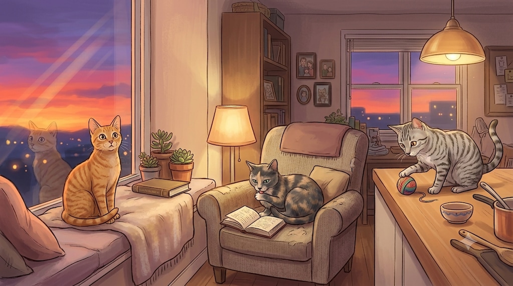 夕暮れのにゃんこたち（すー、ぱち、びび）