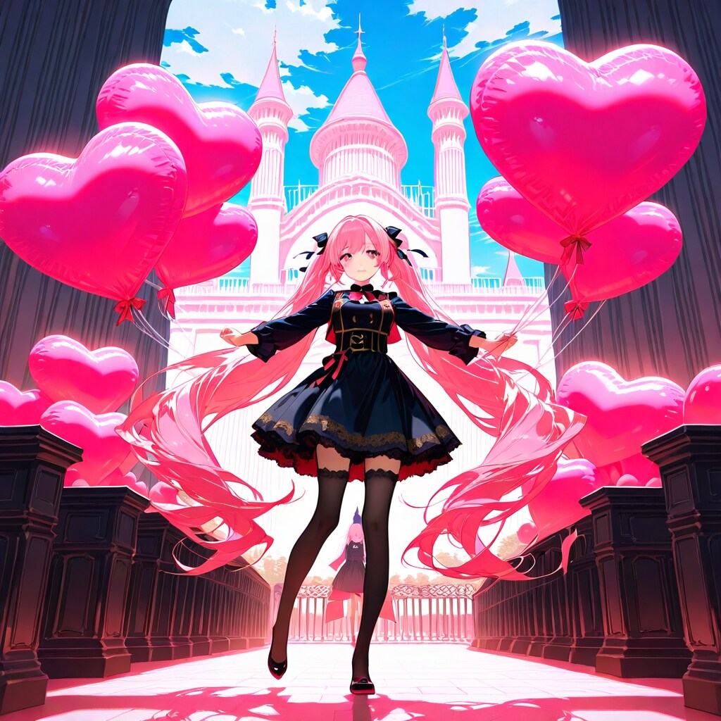 屋敷でピンク巨大ハート風船を膨らませて遊ぶピンク髪のメイド服の美女 | の人気AIイラスト・グラビア