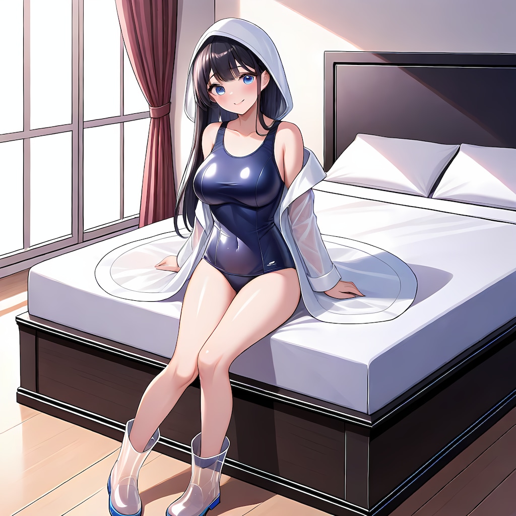 紺旧型スクール水着＋半透明レインコート