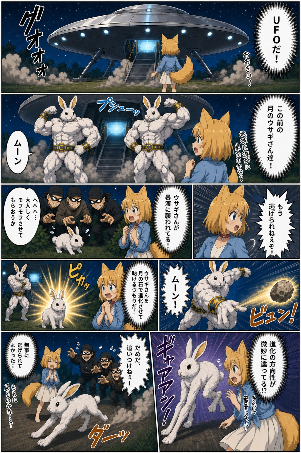 月のウサギさんと地球のウサギさんの違いを目の当たりにするキツネ