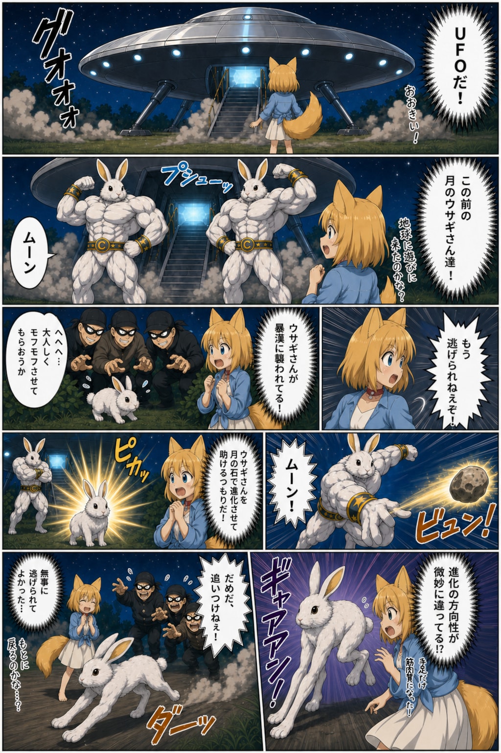 月のウサギさんと地球のウサギさんの違いを目の当たりにするキツネ