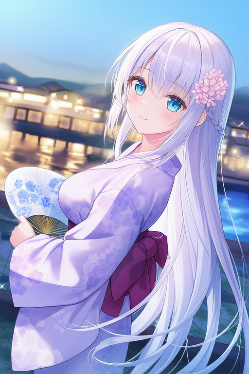 旅館で夕涼みな浴衣の白髪ちゃん