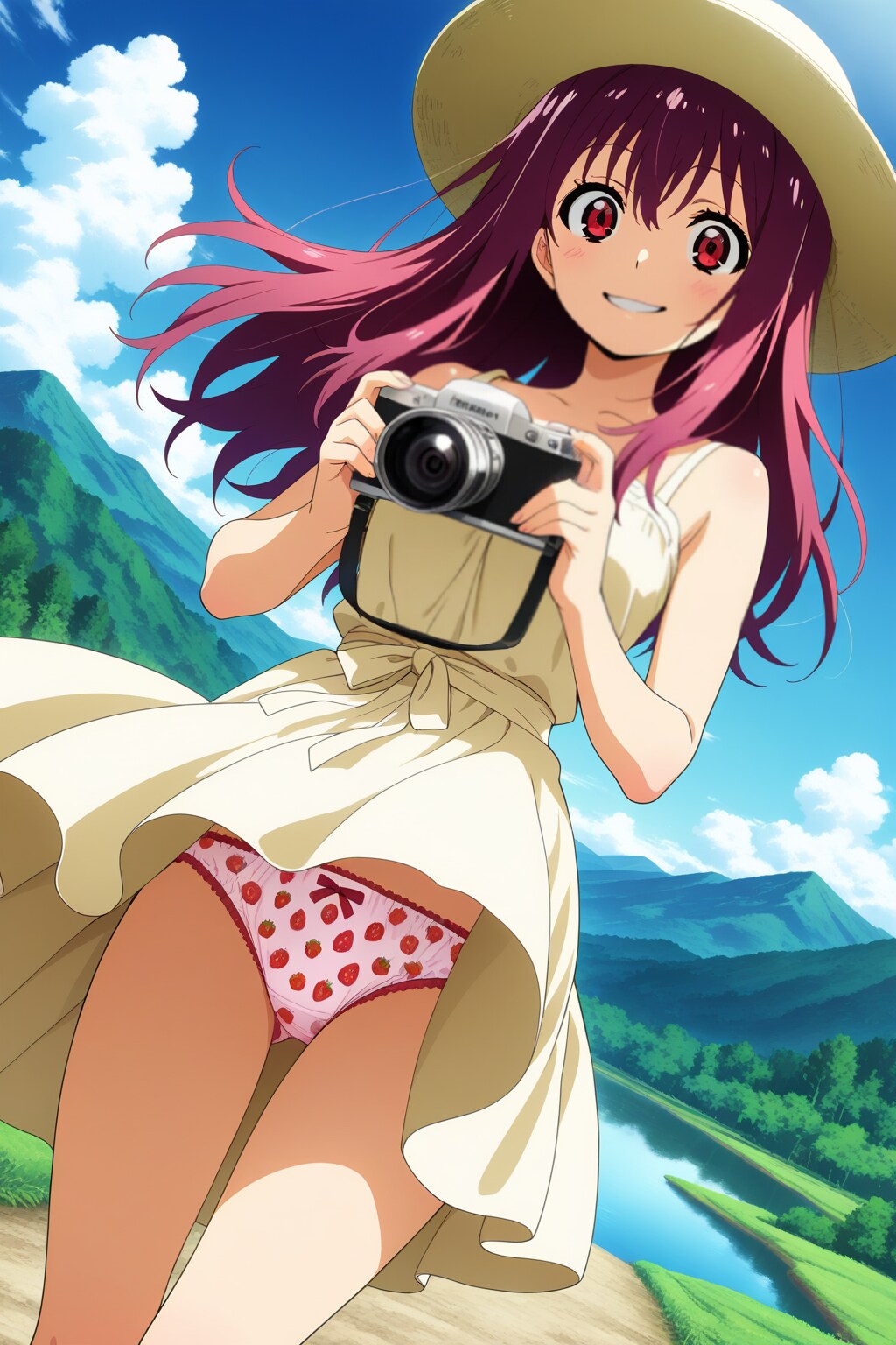 写真好きの田舎のワンピース娘の風のハプニングでいちごパンティーがひらりと🌬️🍓❤️