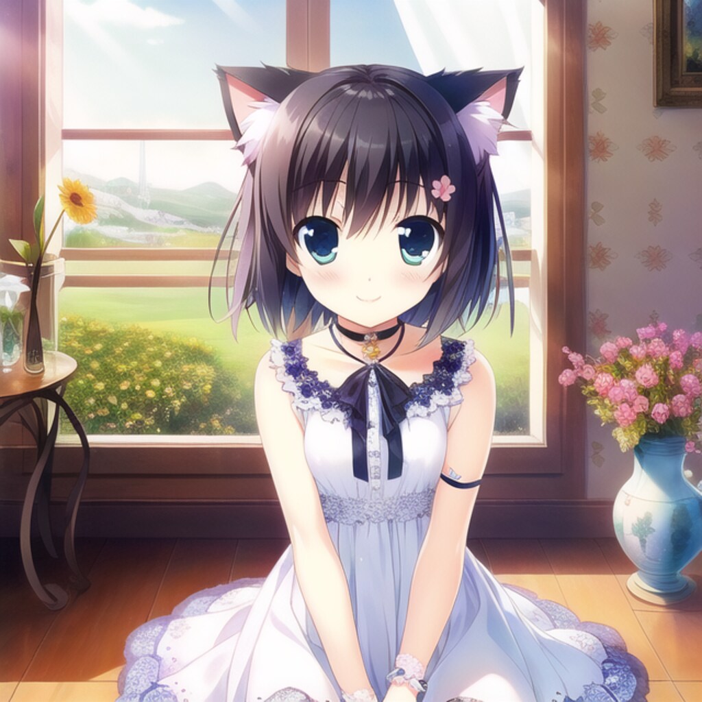 花瓶と花と猫耳少女