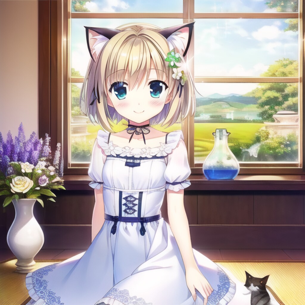 花瓶と花と猫耳少女