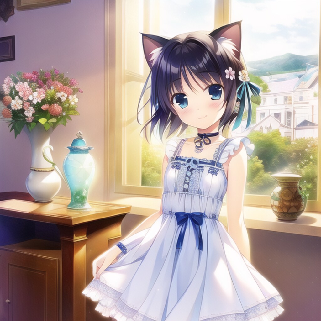 花瓶と花と猫耳少女