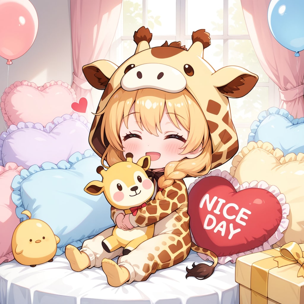 ぬいぐるみとハグするキリン着ぐるみちび子ちゃん