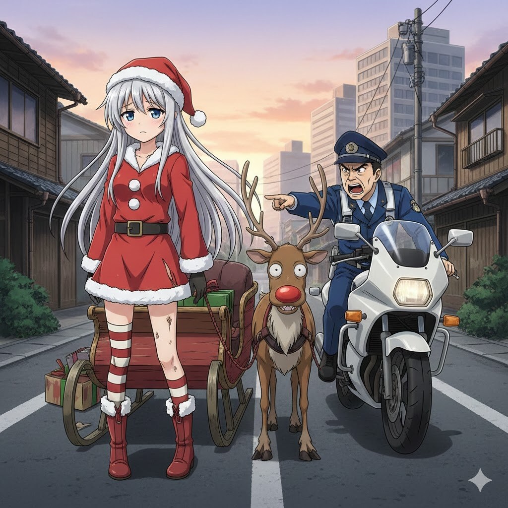 交機に注意されるサンタさん