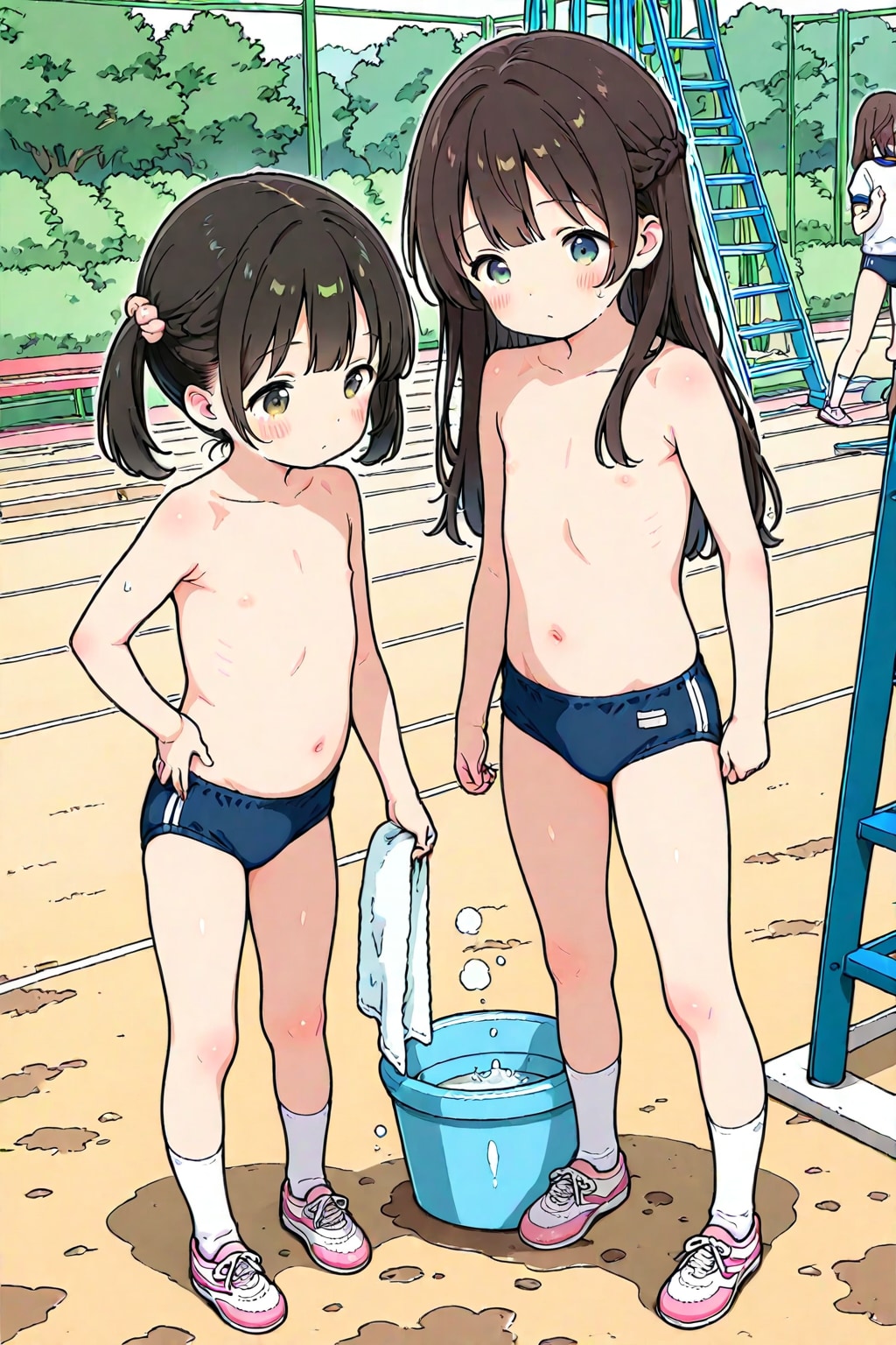 校庭で乾布摩擦する上半身裸の女子小学生