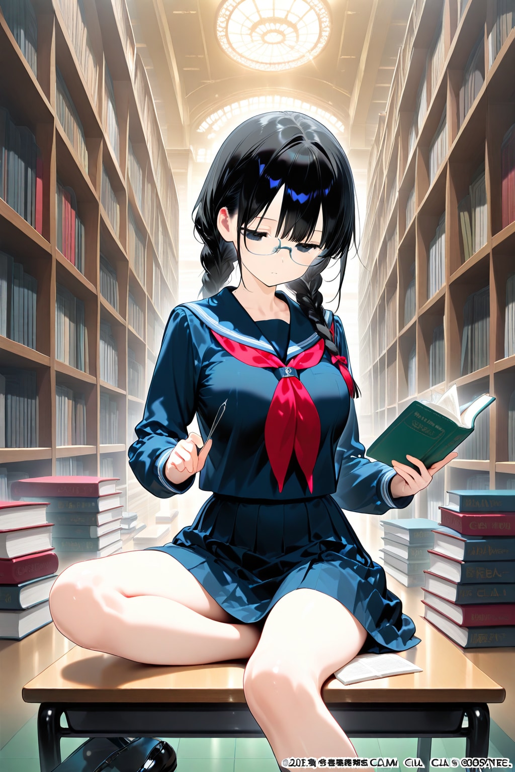 机に座る三つ編み眼鏡JK